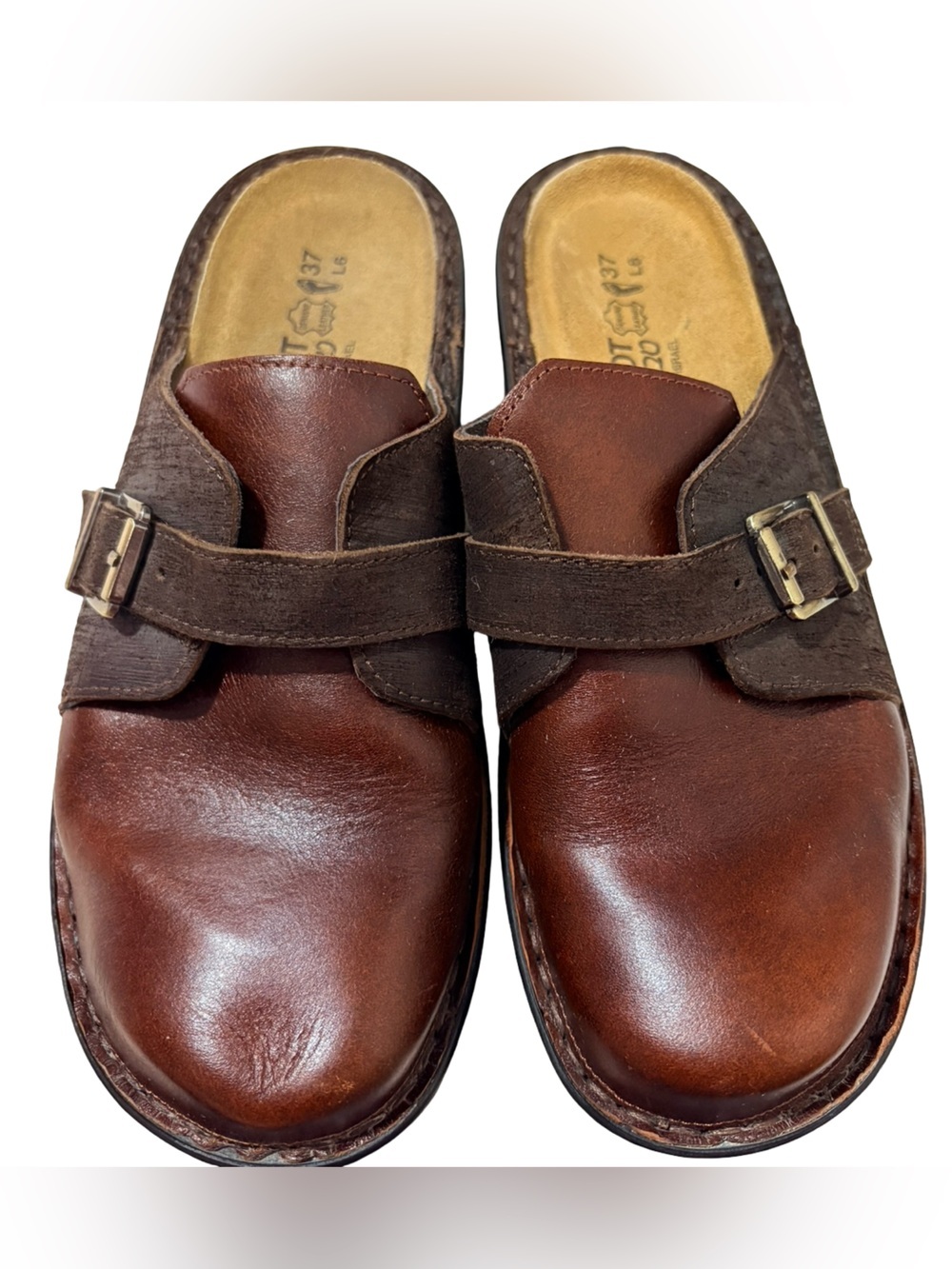 Naot Leather Clog Mules Brown Adjustable Buckle Comfort Shoes EU 37